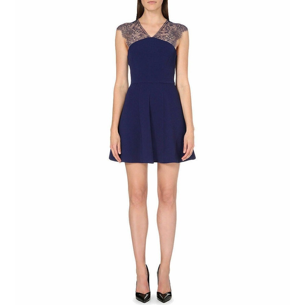THE KOOPLES Crepe Lace Bustier Fit & Flare Dress Navy Blue Zip $355 Size S